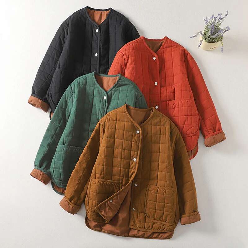 Literary Plaid Parkas 2024 New Winter Age-reduced Women Quilted Jackets Thick Warm Cotton-padded Office Lady Outerwear Coat