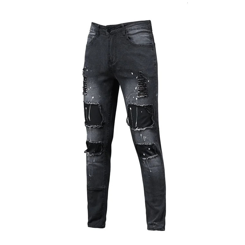 Black 90% Cotton Men Retro Wash Distressed Stretch Ripped Jeans Tight Hole PATCH Denim Pantalones Printing Zipper Joggers 250210