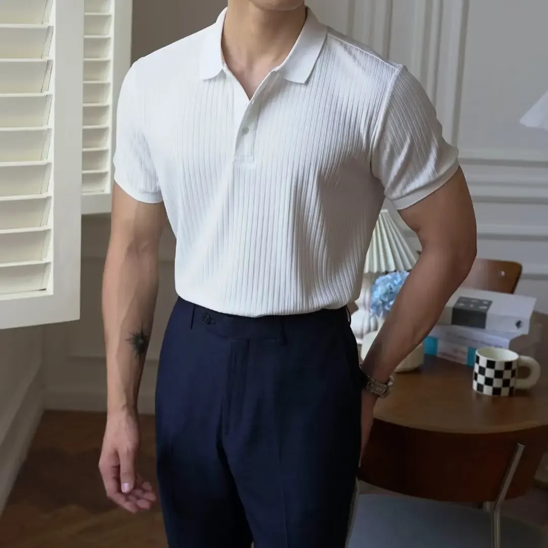 Summer Trendy Striped Solid Color Short Sleeve Polo Shirt For Men Casual Vintage Versatile Lapel T-shirt Knitted Top 250208