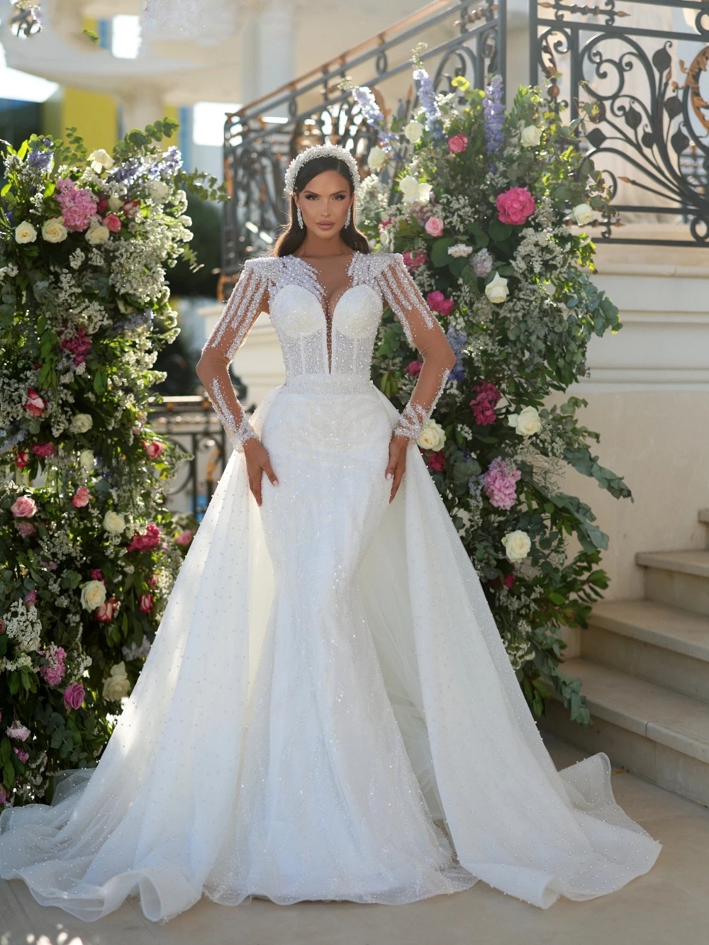 Classic Mermaid Wedding Dress Jewel Neck Long Sleeves Bridal Gowns Sequins Pearls Detachable Train Dresses Custom Made vestidos de novia