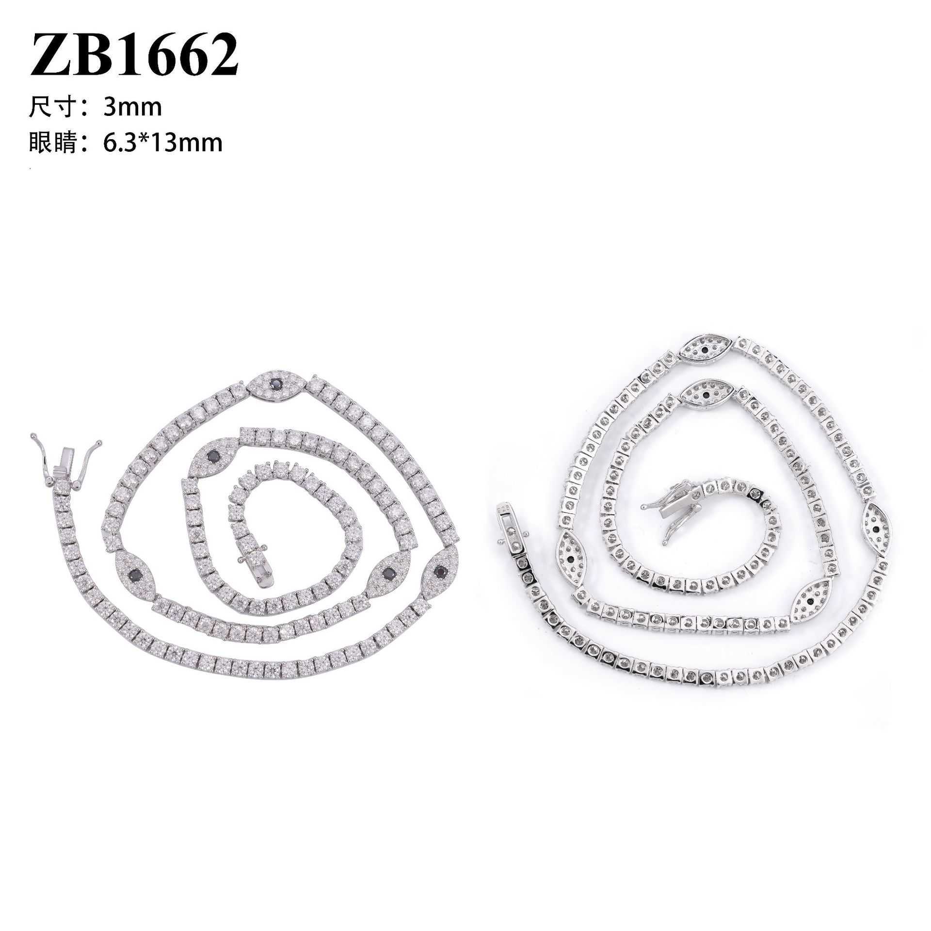 Ins hot selling 3mm 925 silver inlaid moissani hip-hop personality eye mens and womens tennis chain HipHop accessory