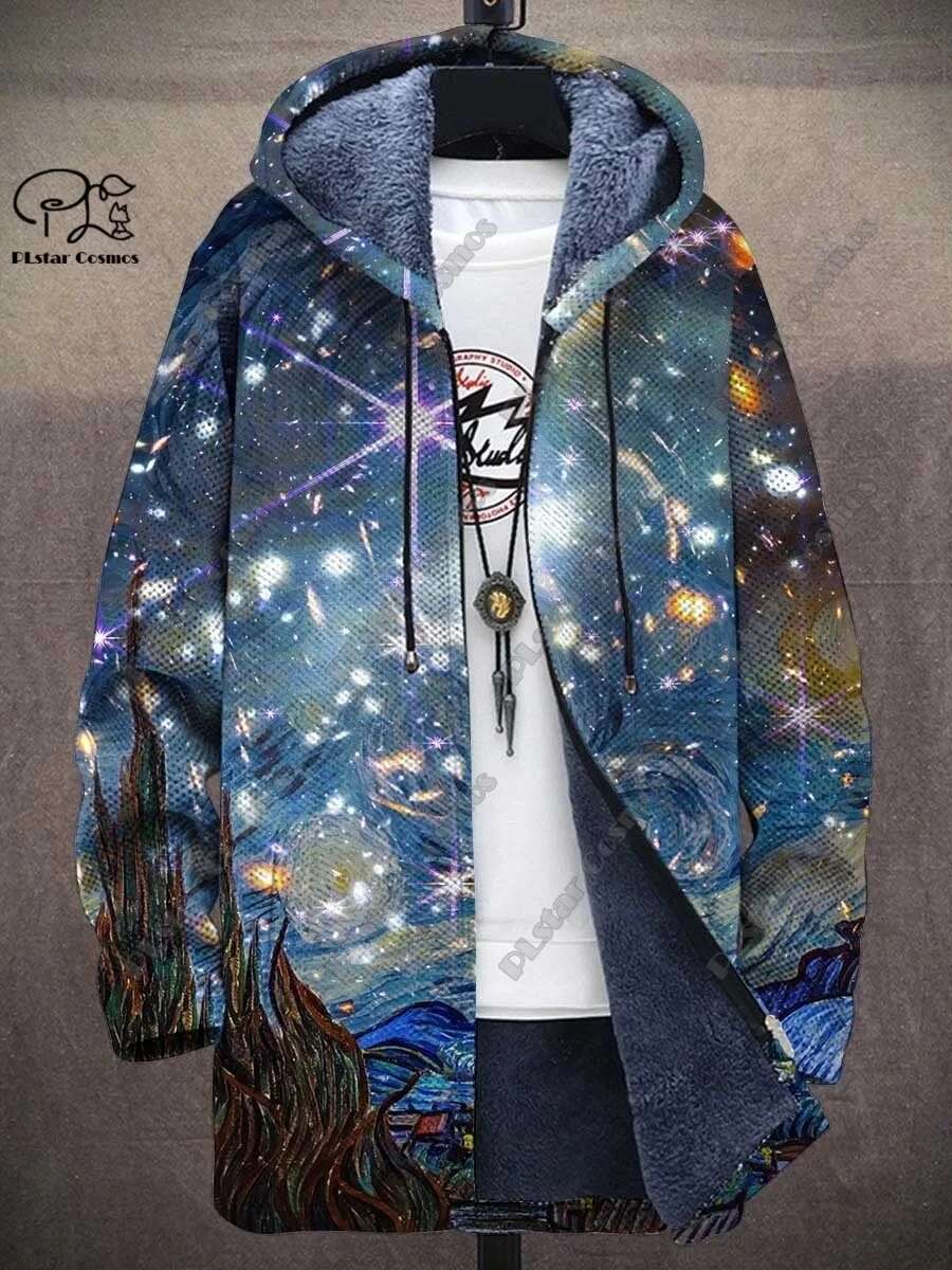 3D printed new winter hooded unisex retro geometric gradient art pattern plush thickened long-sleeved casual warm jacket DY-2