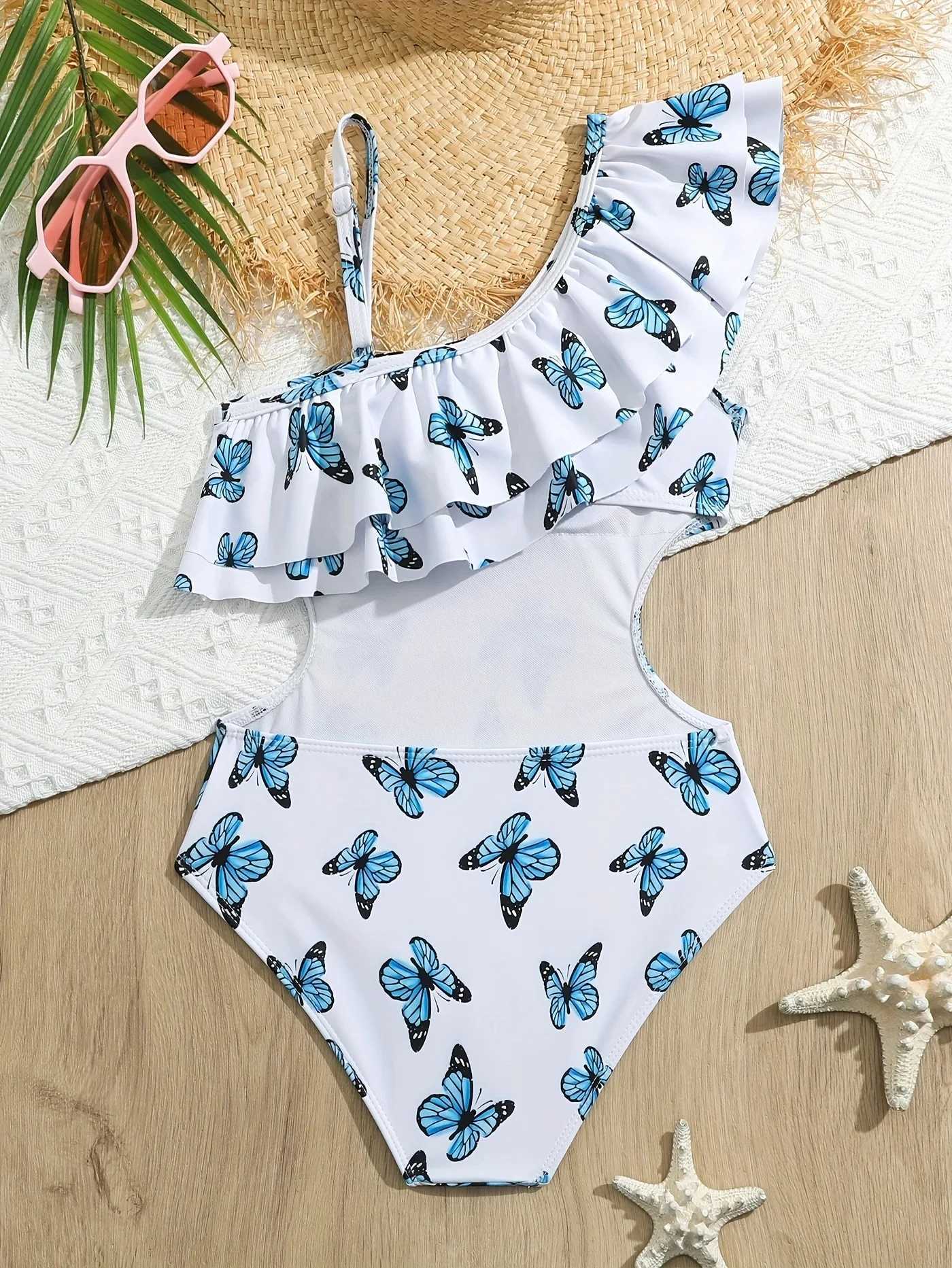 2025 Girls Swimsuit One Piece Butterfly Kids Swimwear Ruffle Childrens Bathers Bathing Swimming Swim Suit Summer Beachwear Z250214