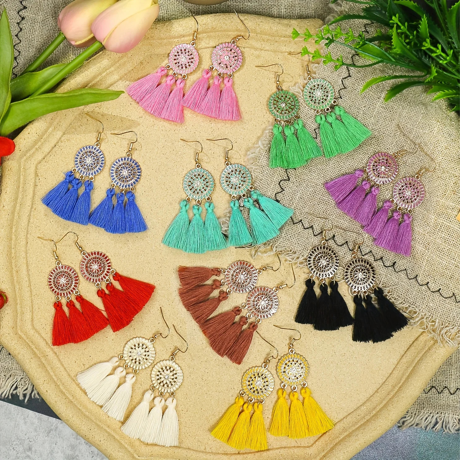 Bohemian vacation style womens earring set with colorful tassel rhinestone inlaid circular earrings style jewelry gift 250110