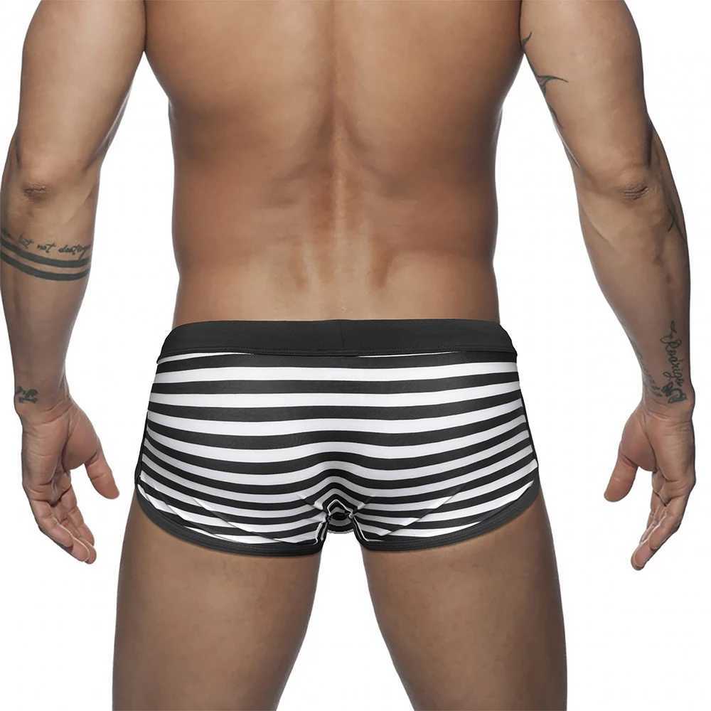 Summer Mens Striped Swimming Trunks Sexy Side Split Bathing Suit Sport Beach Surfing Swimwear Male Quick Dry Pouch Boxer Shorts W250214