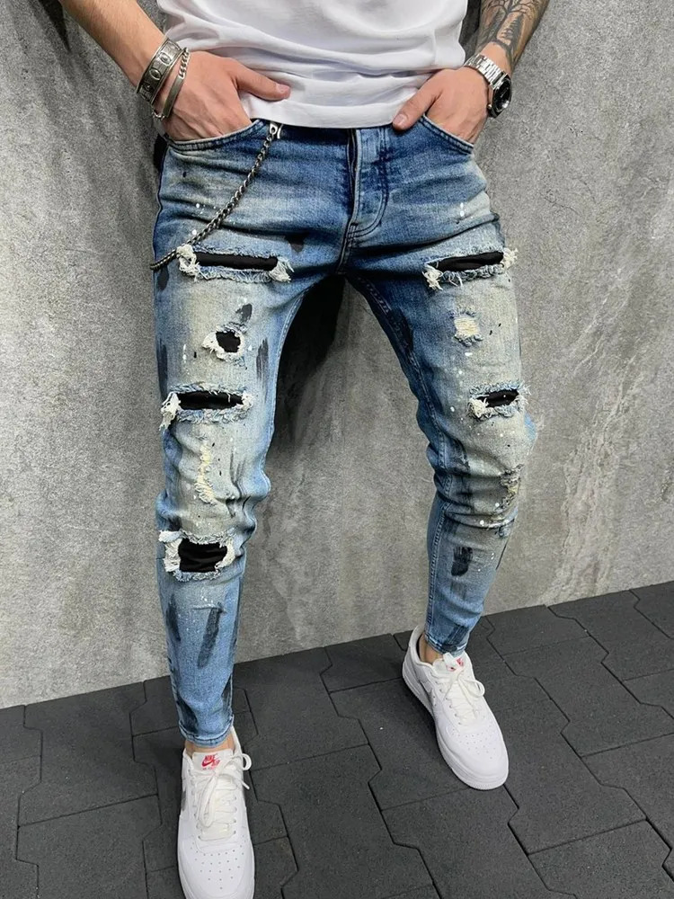 Men Jeans Knee Hole Ripped Stretch Skinny Denim Pants Solid Splice Color Blue Autumn Summer HipHop Style Slim Fit Trousers 250210