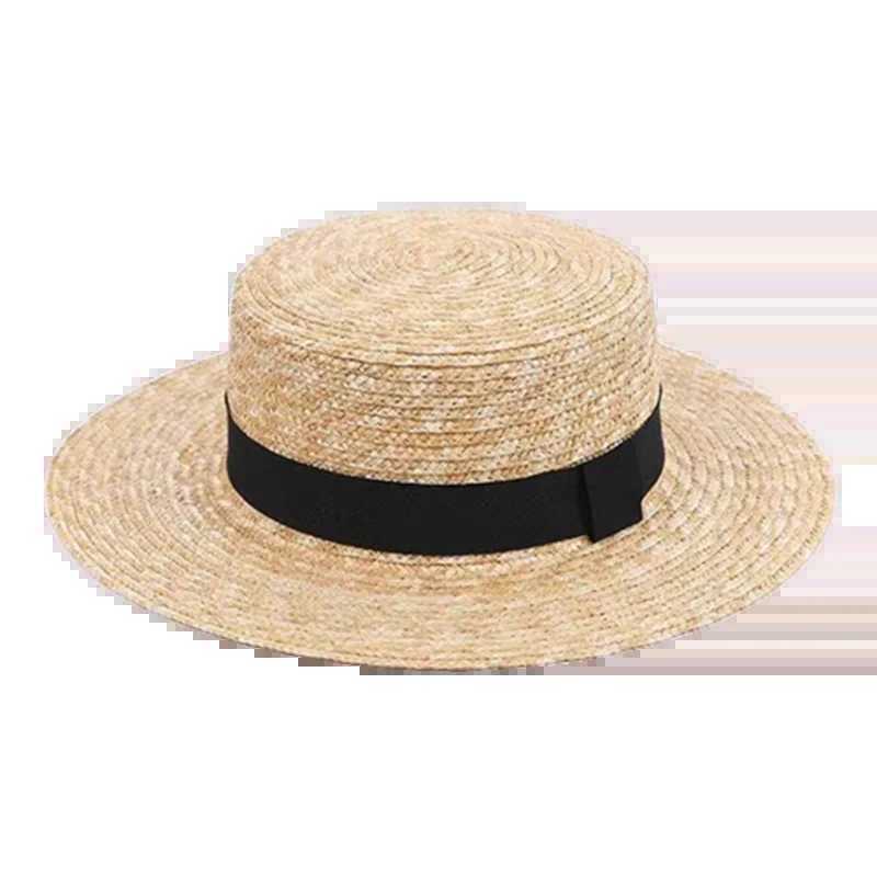 Summer unisex handmade natural wheat straw hat womens sun hat with bow wide eaves flat top hat mens beach solid hat sunscreen A1 Y250213