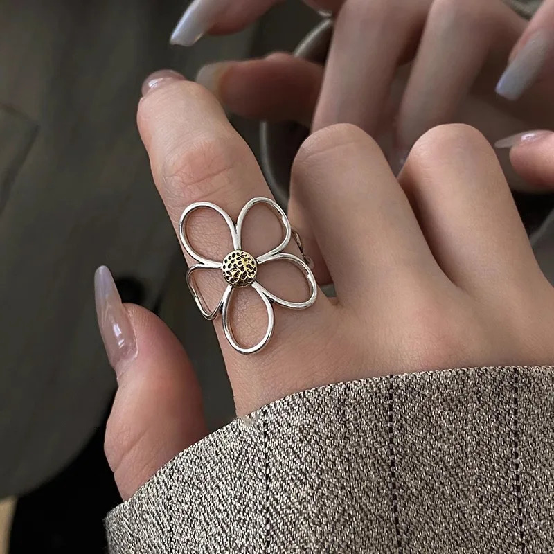 925 Sterling Silver Rings for Women Couple Minimalist Handmade Simple Big Flower Ring Party Jewelry Gift Prevent Allergy 250213