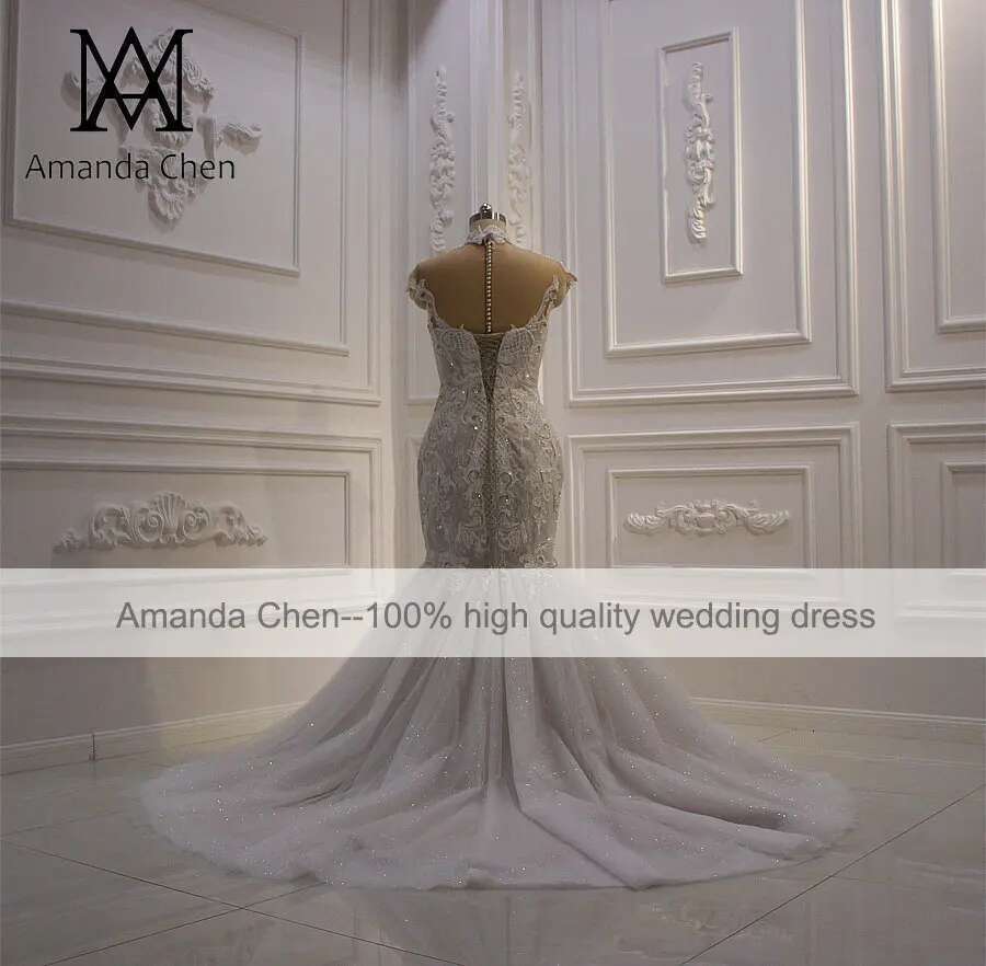 Custom robe marriage high neck cap sleeve champagne detachable skirt wedding dress