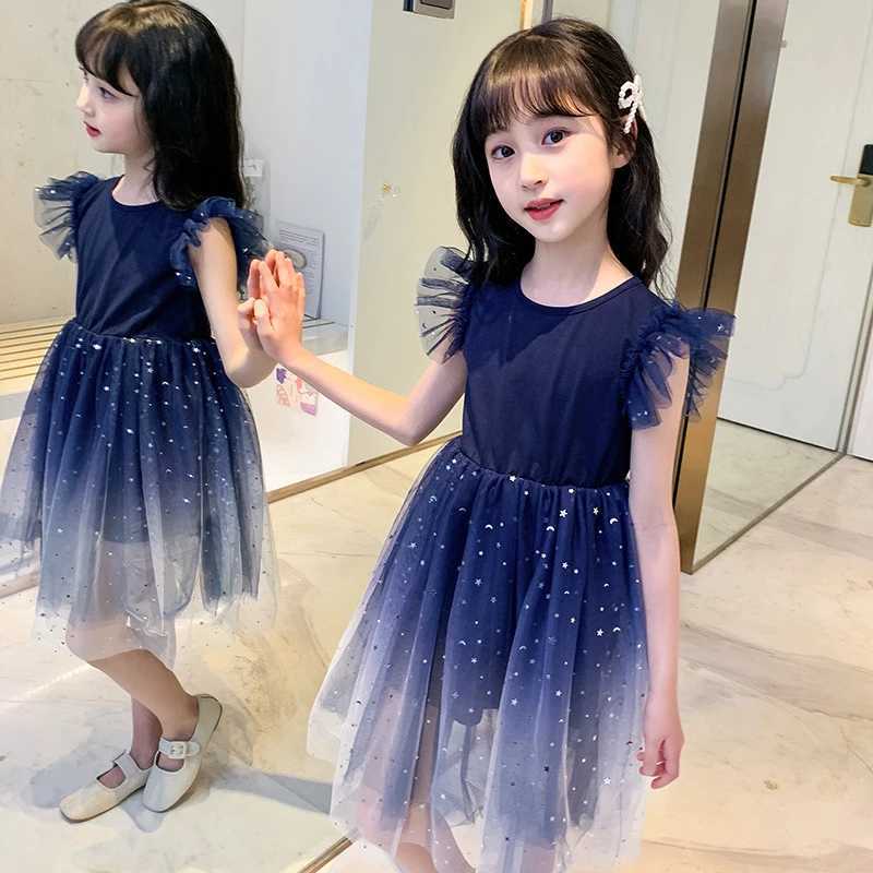 Summer Girl Dress Princess Star Sleeveless Tulle Girls Blue Sequin Tutu Dress for 4-8Y Kids Birthday Par Shaggy Dress Costume Z250214