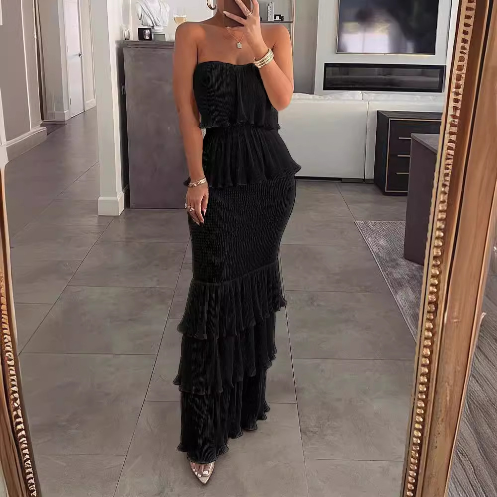 2024 Fashionable and Sexy Womens Solid Color Sleeveless Skirt with Straightening Embracing and Folded Ruffle Edge Long Dress for Women