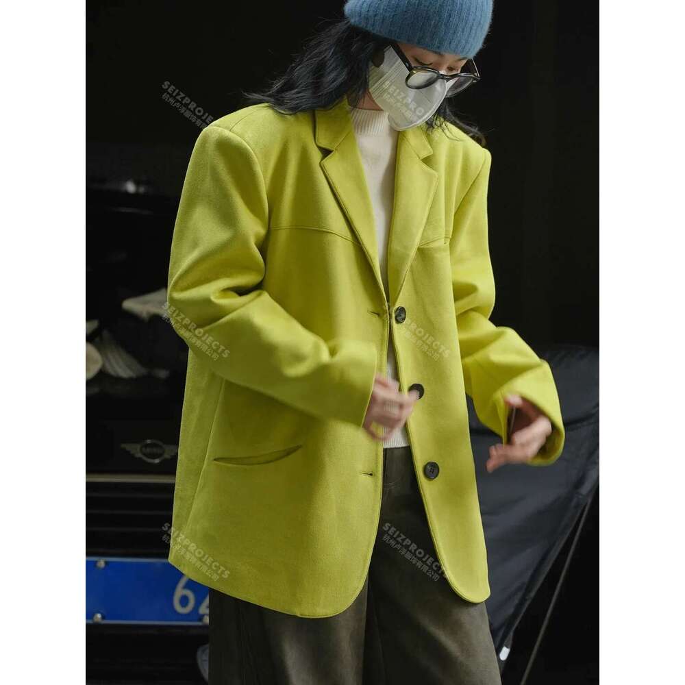 Women's Faux Suede Jacket Fall Winter Curved Pocket Brown Green Coat Loose Straight Blazer For Women