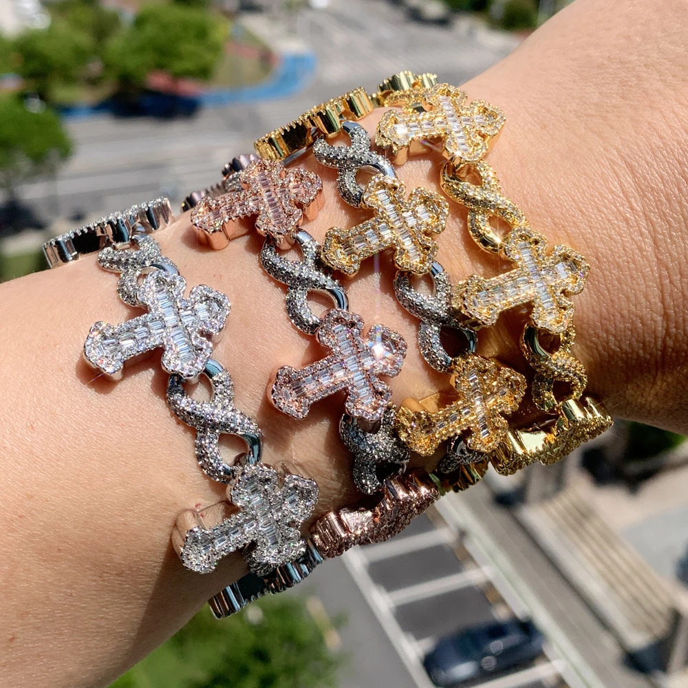 Iced Out Cross Infinity Charm Bracelet Micro Paved Cubic Zirconia Cuban Chain For Women Men Hip Hop Rapper Jewelry 250211