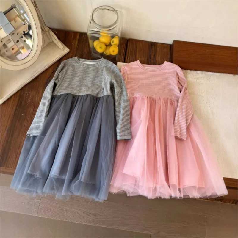Korean Spring Autumn New Children Girls Princess Dress Mesh Fluffy Dress Kids Girls Dress Striped Spliced Girl Birthday Dress Z250214