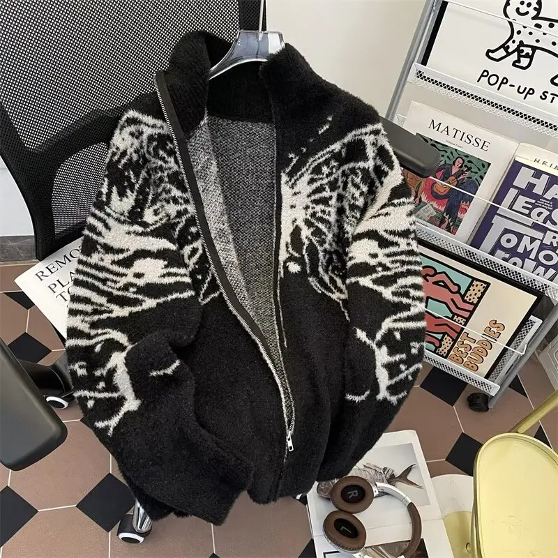 Y2k Harajuku Zipper Cardigan Man Women Vintage Butterfly Turtleneck American Mink Fur Soft and Lazy Style Sweater Jacket 250211