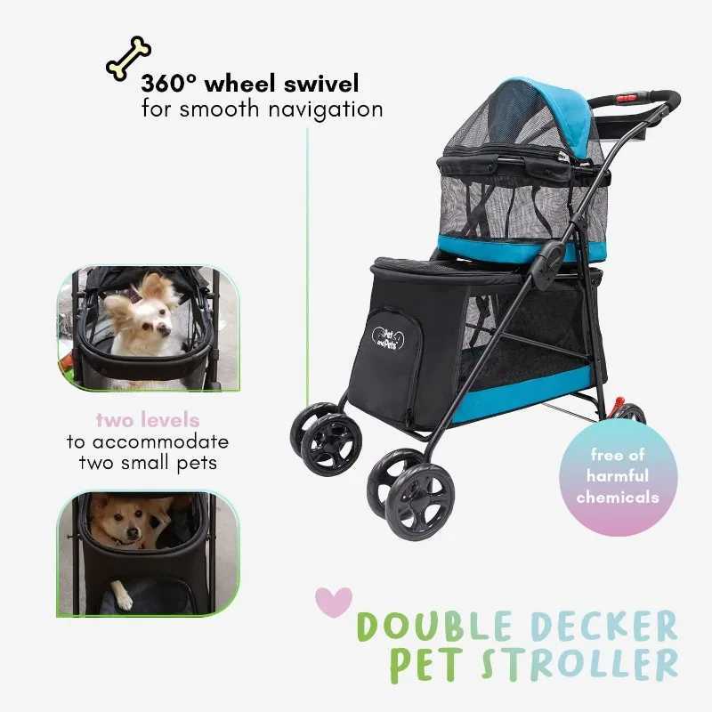 Others Dog Carrier Double Decker Pet Stroller Black Dual Bassinets for Multiple Pets Removable Pee Pads Adjustable Leashes Mesh Windows H250213