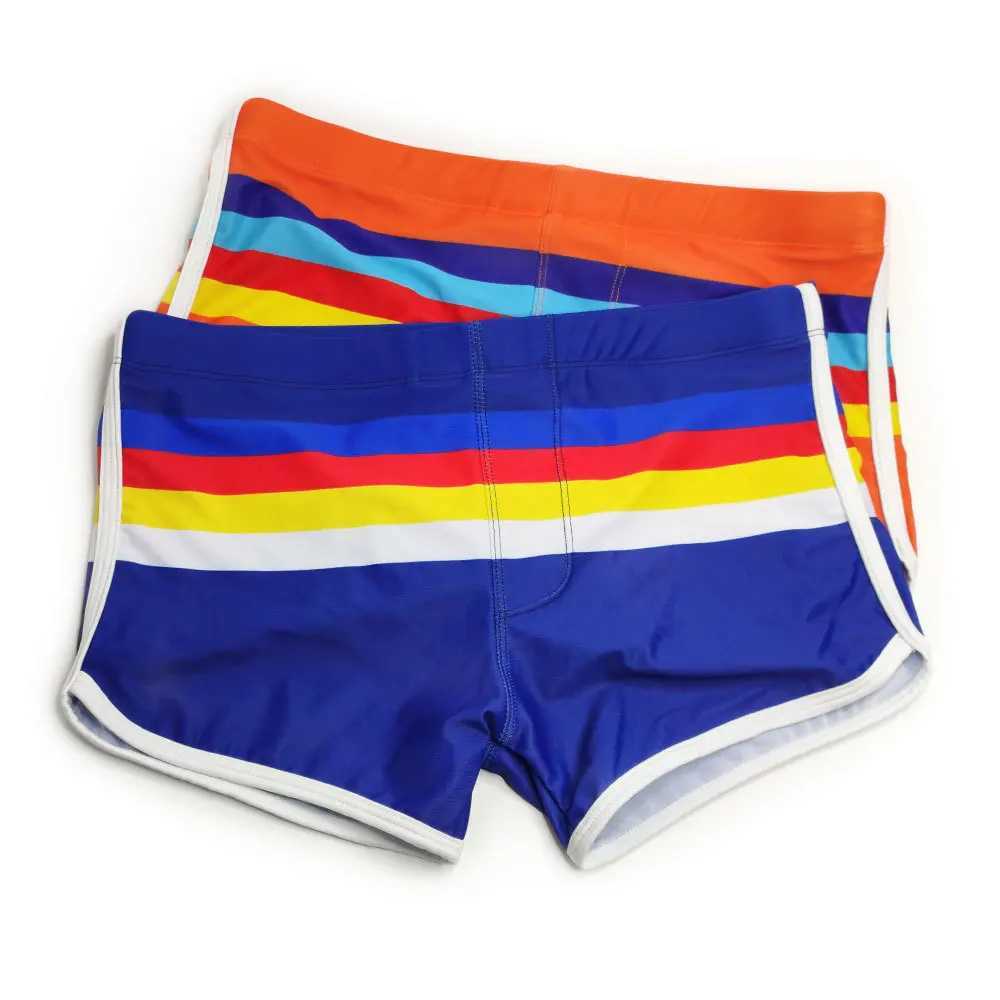 Mens Swim Boxer Briefs Striped Swimsuit Athletic Swimwear Bathing Suit Swimming Trunks Boardshort Beach Underwear Pouch Enhance W250214