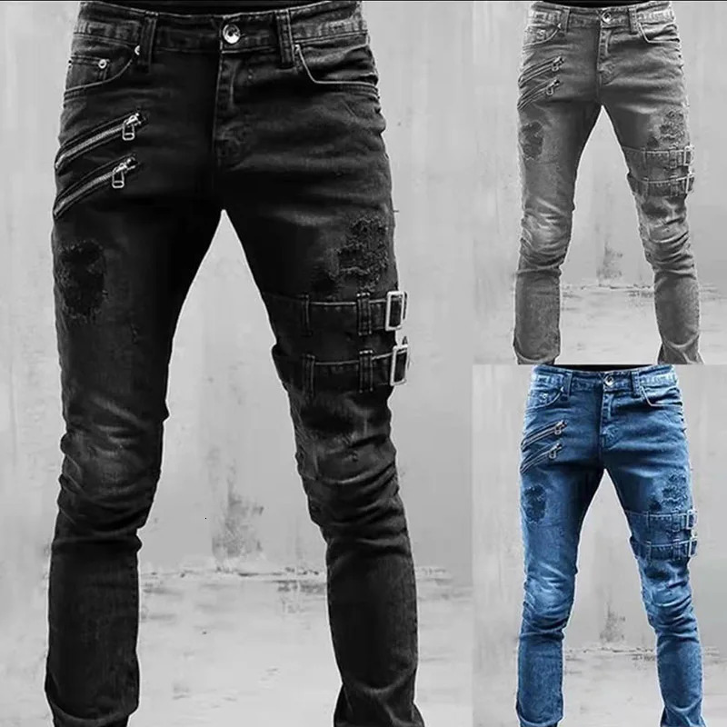 Jeans Men Fashion Belt buckle Hole Streetwear Straight Moto Biker Skinny Casual Denim Pants For Blue Gray Black 250210