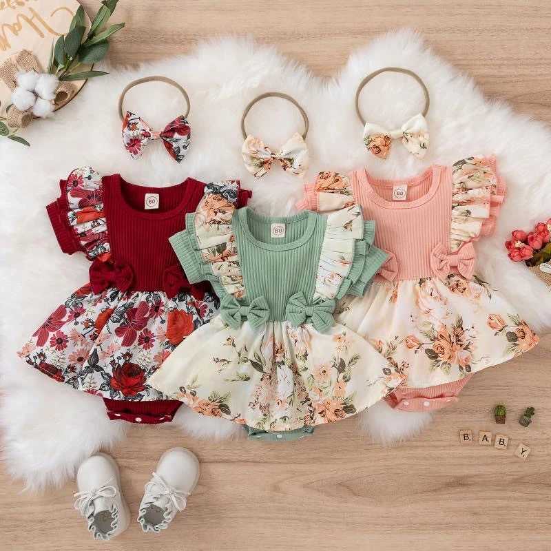 Summer Baby Girl Dress With Bowknot Striped Jumpsuit Cotton Dress For Newborn Floral Clothes Baby Crling Clothes Z250214