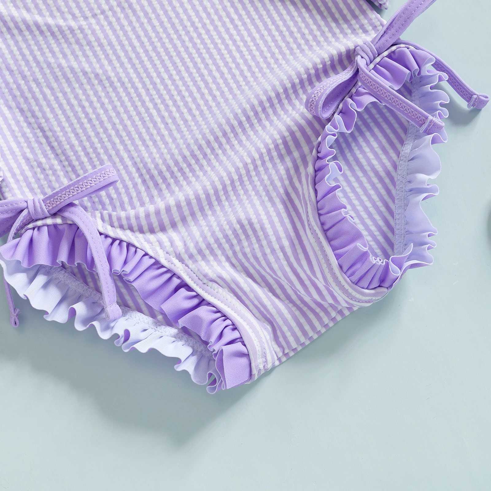 Yiiciovy Toddler Girls Ruffle Swimwear Beach Wear Princess Rash Guard Swimsuit with Hat Striped Long Sleeve Baby Bathing Suit Z250214