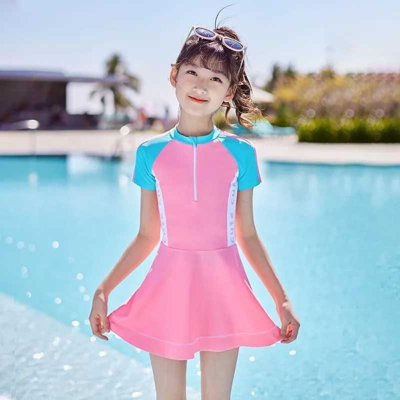 Girl One Piece Short/Long Sleeve Outdoor Water Sports Surfing Swim Skirts Kids Front Zipper Beach Bathing Rash Guard SwimSuit Z250214