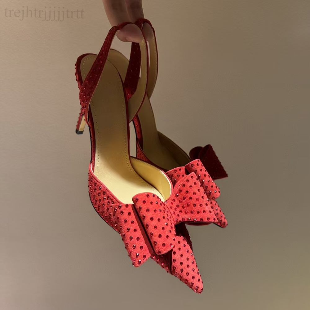Womens slingbacks sandal Stiletto Heel Dress Shoes Hot pressed crystal lace high heels Silk Bow pointed toe Evening shoes luxury designer high heels