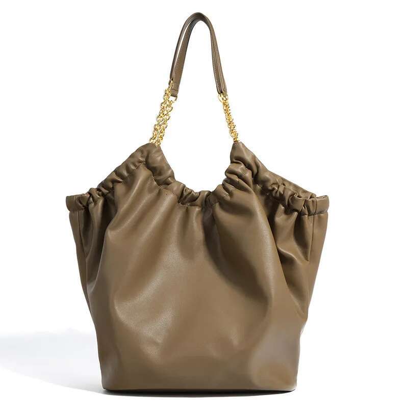 Slouchy Style Big Capacity Leather Handbag Purse Tote For Women Solid Color Fashion Shoulder Trendy Soft Cowhide Pleated Bag