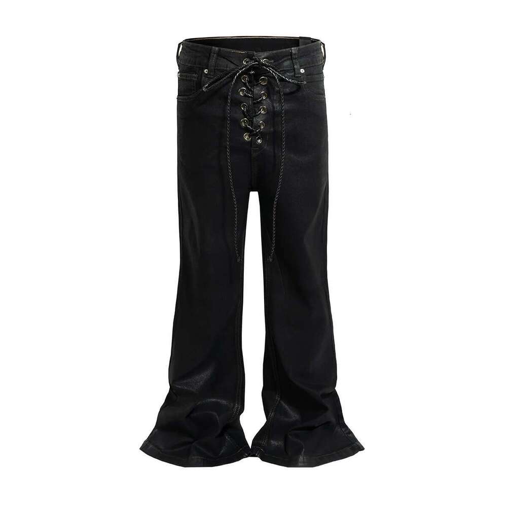 Ro Style Ribbons Matte Coated Stretch Black Flare Pants For Men And Women Lace Up Baggy Leather Trousers Streetwear Boot Cut