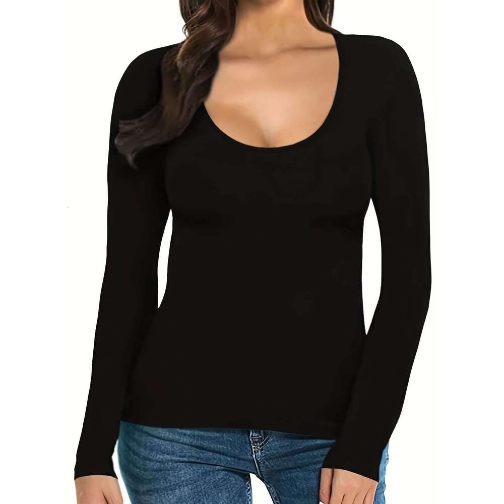 Women Plus Size Scoop Neck Solid Color T-Shirt Casual Spring Autumn Long Sleeve Basic Tee