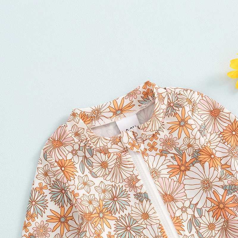 6M-4T Little Girls Swimsuit Chrysanthemum Print Long Sleeve Zipper Rash Guard Bathing Suit Infant Toddler Beachwear Z250214