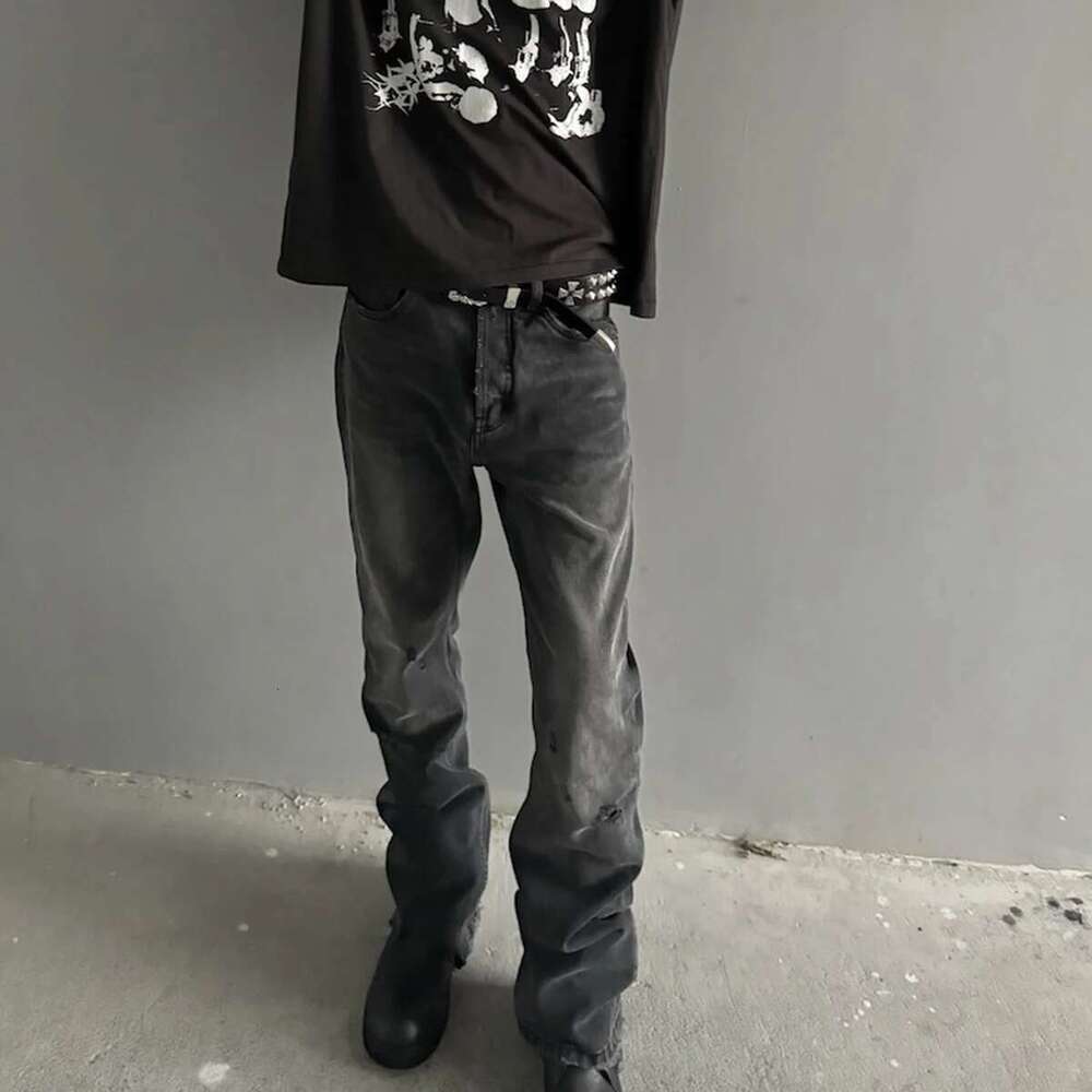 High Street Washed Gray Black Hole Baggy Jeans Mens And Women Straight Ripped Frayed Casual Denim Trousers Oversized Cargos