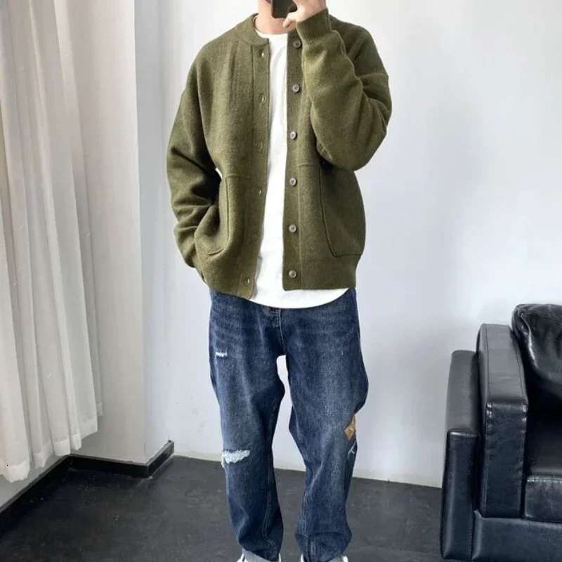 Knit Sweater Male Green Cardigan Men's Clothing Fleeced Sweatshirts Old New in Order Jumpers Y2k Streetwear Warm Tops Neck