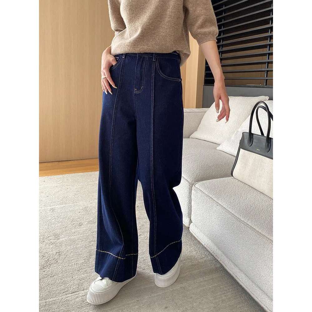 Spliced Design Jeans For Women High Waist Wide Leg Denim Pants Office Lady Loose Trousers 2025 Autumn New 26C184