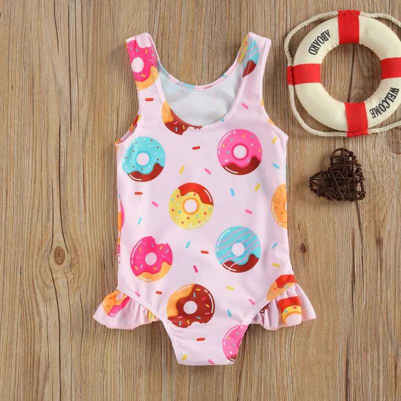 2023 Baby Swimwear Little Girls One-piece Swimsuit Summer Children Cute Crab/Donut Printing Sleeveless Swimwear for Vacation Z250214