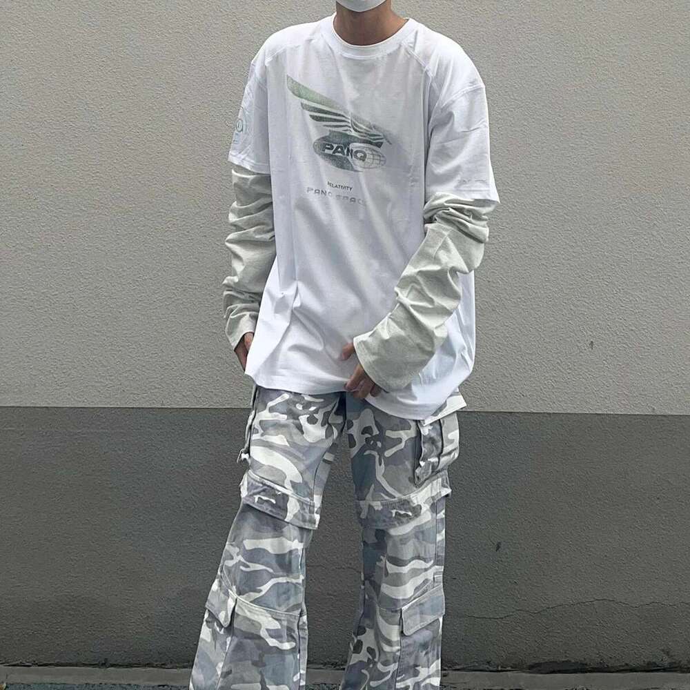 24Fw Fake Two Pieces Long Sleeved Tee Mens And Womens Wings Oversized Washed Cotton Casual Top Tees Round Neck Loose T-Shirt