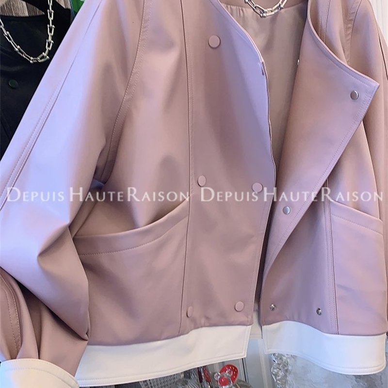 Retro Hong Kong Style Chic Sweet and Spicy Contrasting Color Neutral Retro Style Leather Jacket Womens Short Style Dad Style 250206