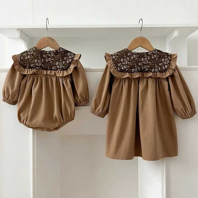 2024 New Autumn Sister Clothes 2-6Yrs Girl Par Dress Kids Princess Dresses Long Sleeved Cotton Embroidery Splicing Baby Romper Z250214