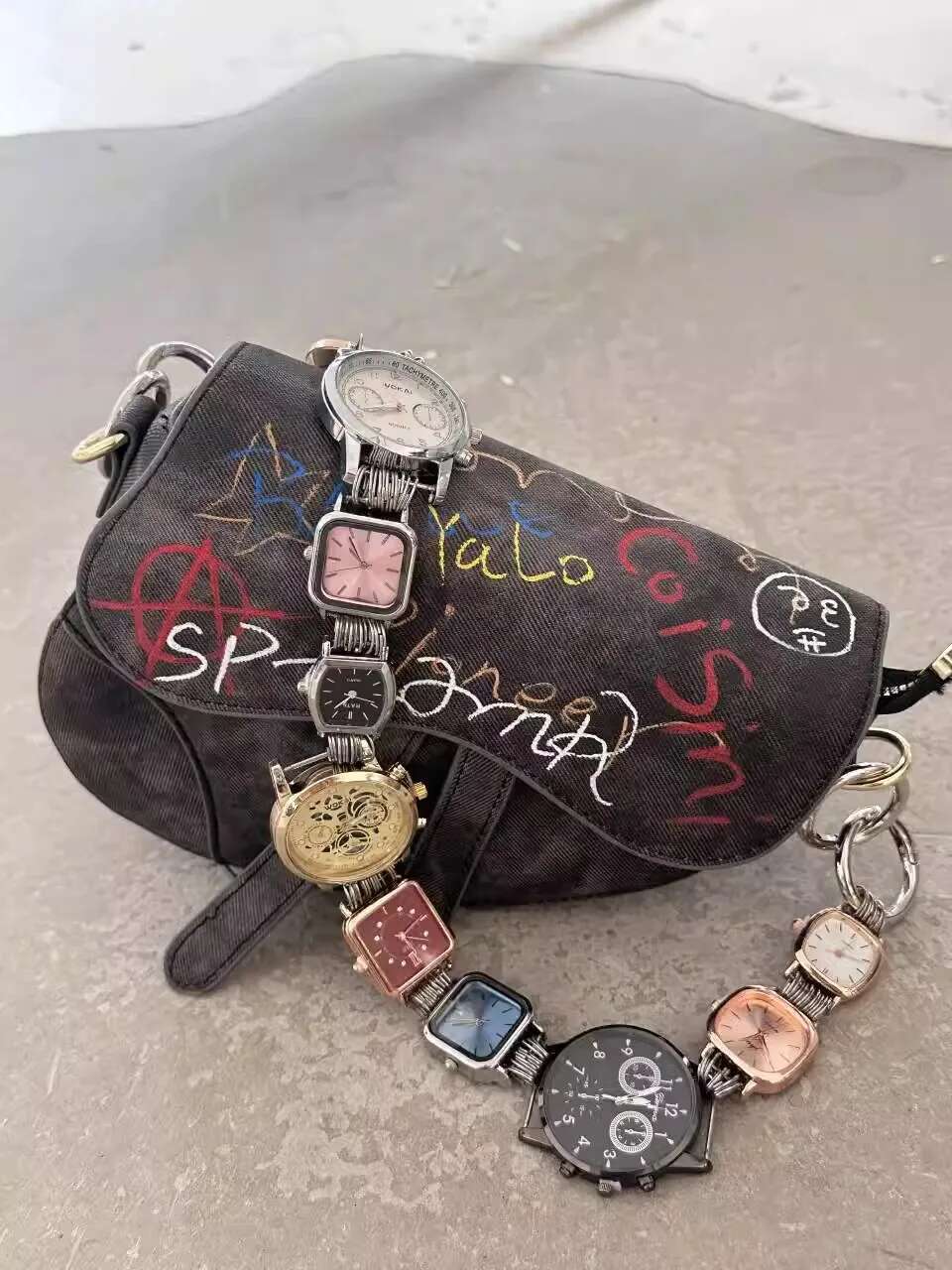 Niche Couples Hand Drawn Graffiti Saddle Unisex Retro Watch Shoulder Strap Crossbody Adult Punk Design Armpit Bag