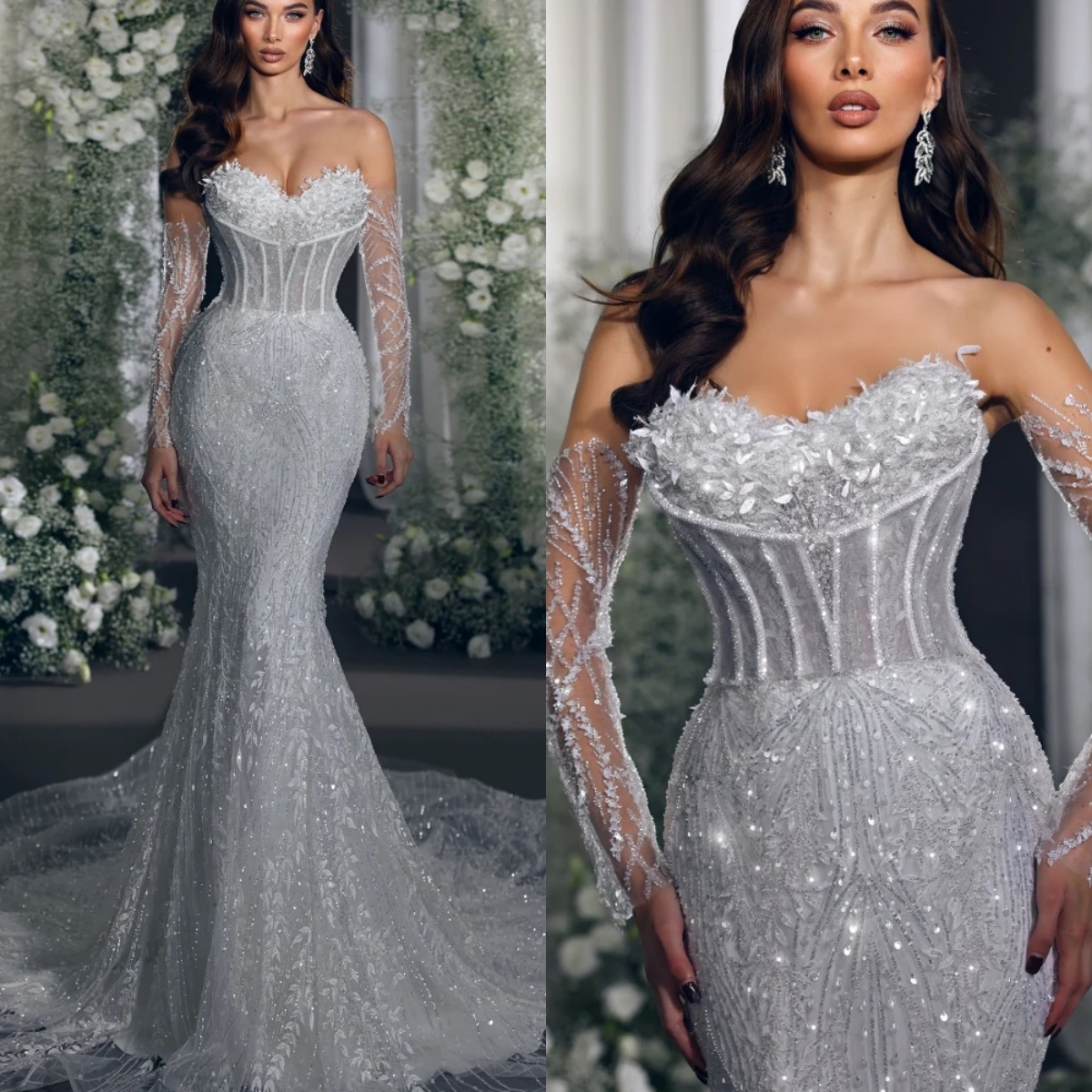 Mermaid Wedding Dress Sweetheart Neck Removable Sleeves Bridal Gowns Sequins Appliques Sweep Train Dresses Custom Made vestidos de novia