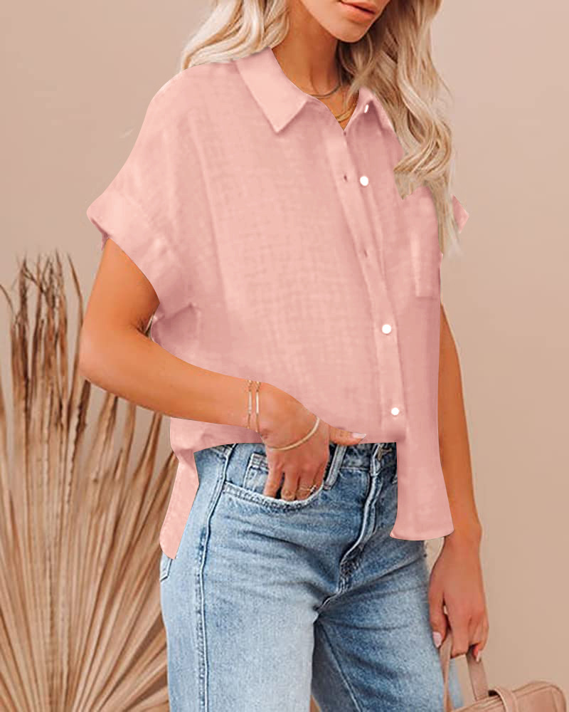 2025 summer new cotton and linen women's short sleeved casual side slit pocket shirt top