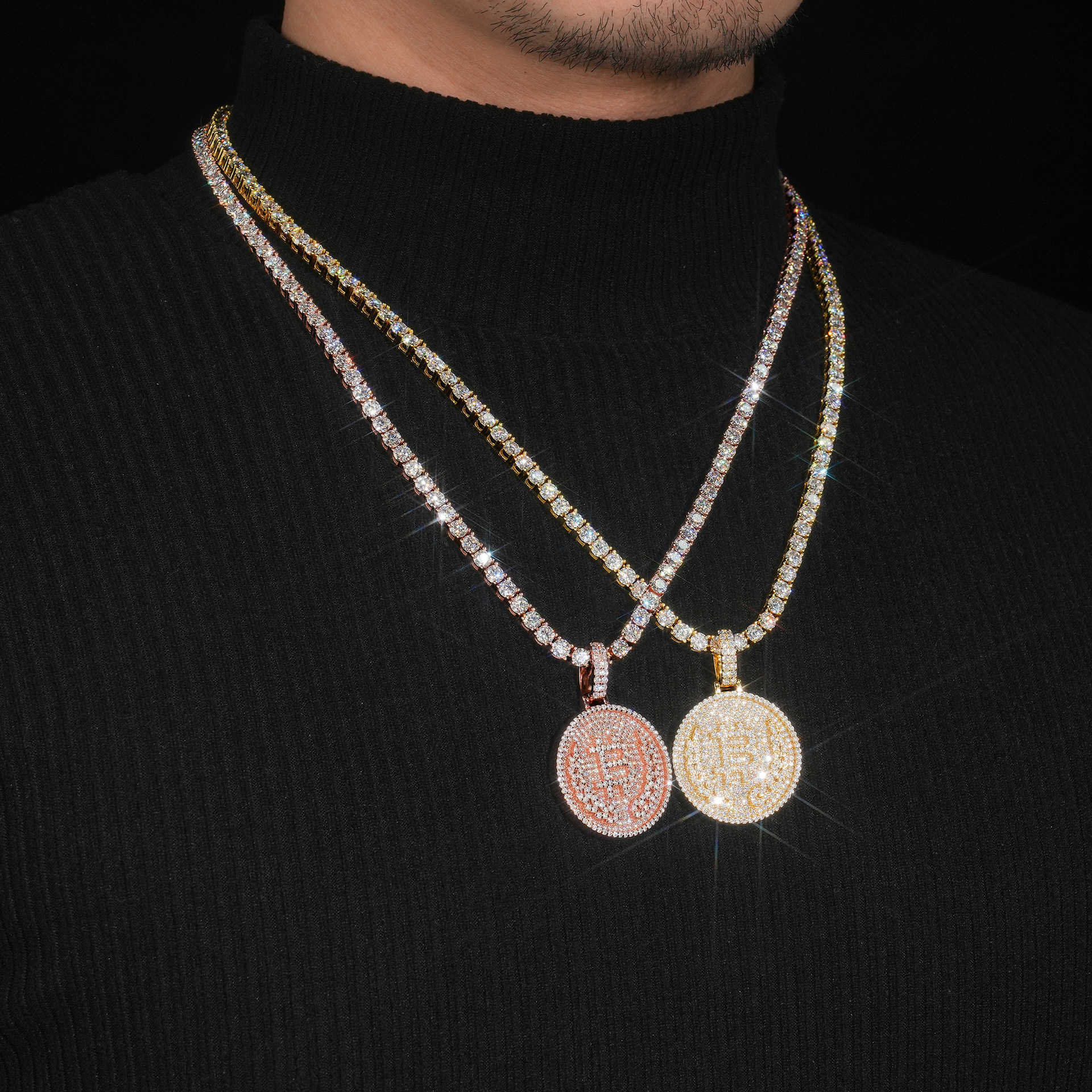 New Bitcoin Hip Hop Moissan Diamond Pendant 925 Silver Moissan Pendant Can Pass Through a Single Stone Tennis Ball