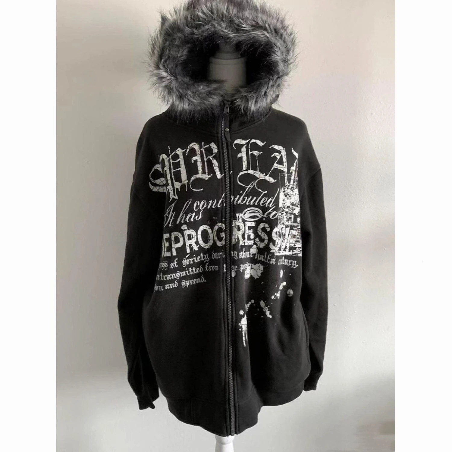 Retro Printed Black Top with Hooded Subculture Harajuku Gothic Coats Y2k Faux Fur Sweatshirt Jacket Women Spring Thin Korean 250213