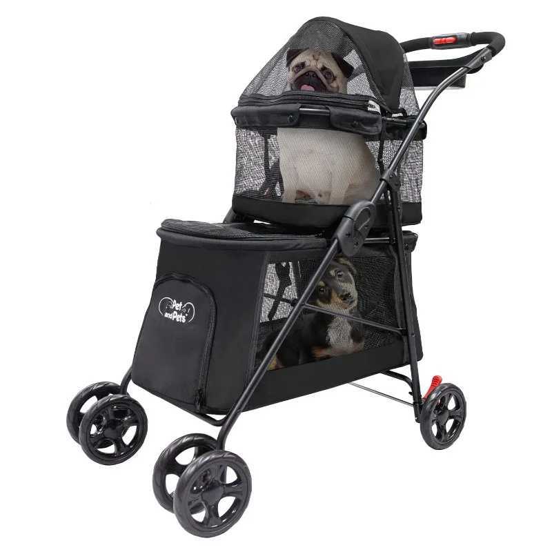 Others Dog Carrier Double Decker Pet Stroller Black Dual Bassinets for Multiple Pets Removable Pee Pads Adjustable Leashes Mesh Windows H250213