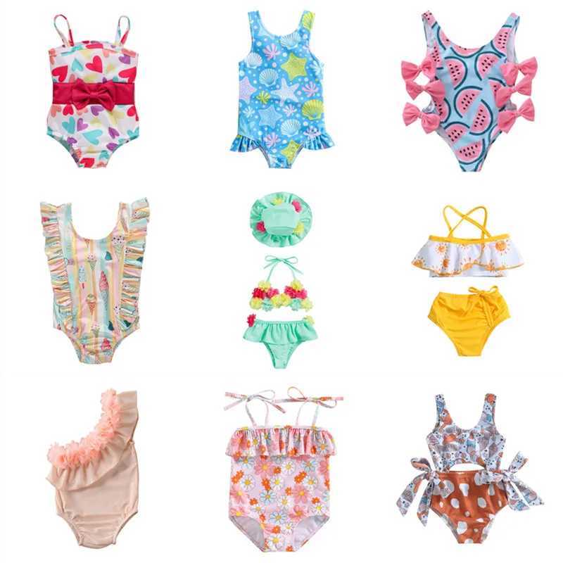 2023 Baby Swimwear Little Girls One-piece Swimsuit Summer Children Cute Crab/Donut Printing Sleeveless Swimwear for Vacation Z250214
