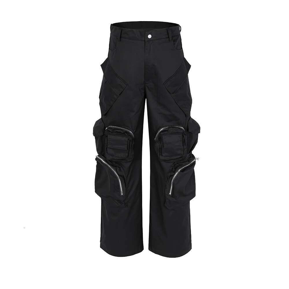 High Street Multi-Pokcets Functional Wide Leg Cargo Pants Unisex Black Straight Baggy Y2k Overalls Oversized Loose Trousers
