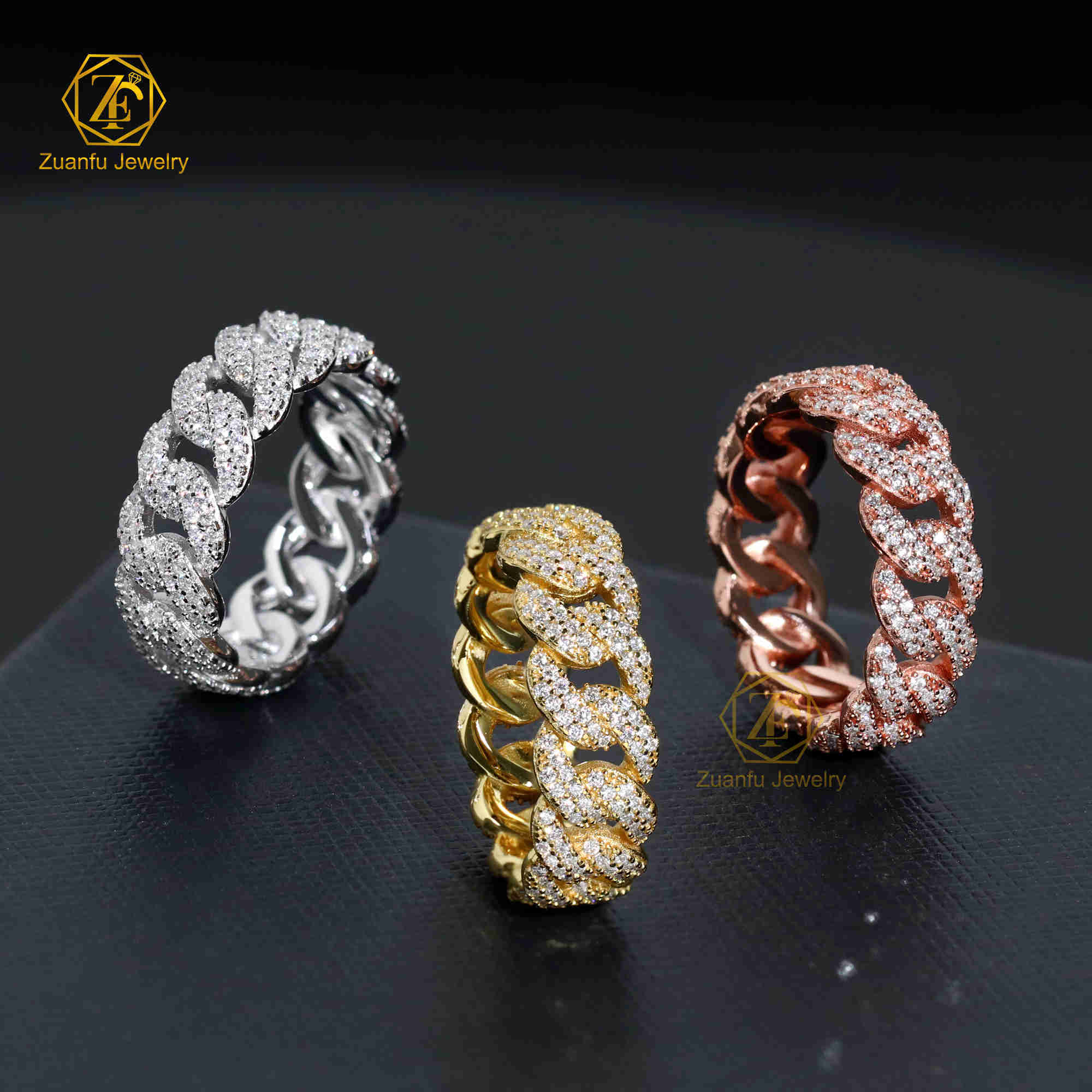 Hiphop Jewelry 2 Rows 7mm Width Cuban Link Ring 925 Silver Moissanite Diamond Ice Out Rapper Men Ring