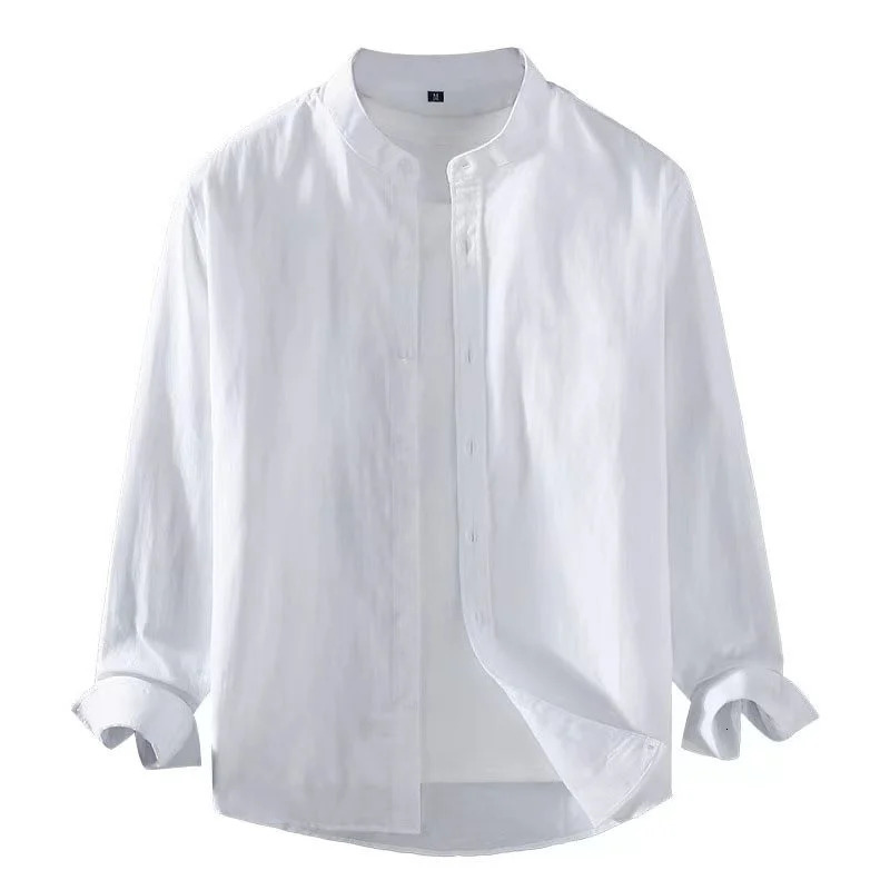 linen shirt stand up collar long sleeved Henry white soft black comfortable simple spring summer mens shirt solid color 250211