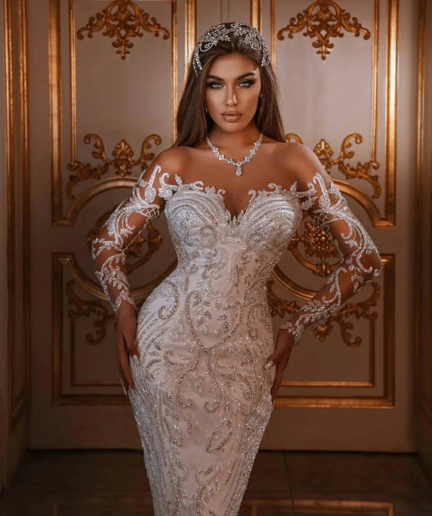Luxury Mermaid Wedding Dress with Detachable Skirt Appliqued Arabic Trumpet Bridal Gowns Long Sleeves Bohemian Robe De Soiree