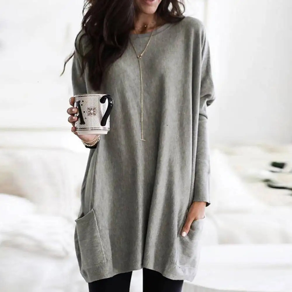Womens Long Sleeve Pocket Tunic Tops Blouse Ladies Casual Loose Jumper Pullover Plus Size Clothing For Female 250211
