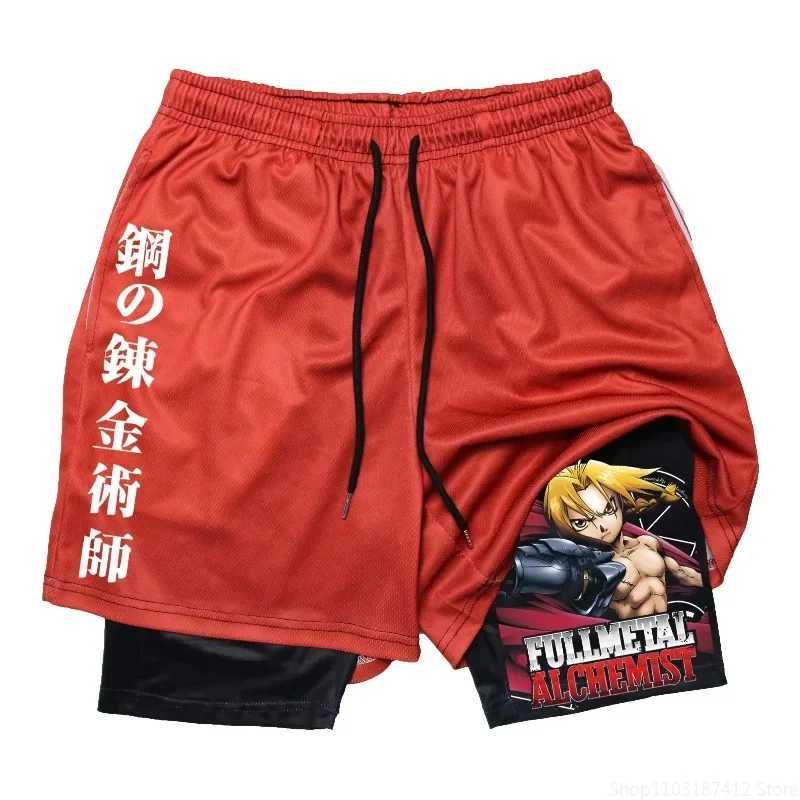 Anime Print Mens Fitness Workout Shorts 2 in 1 Compression Double Layer Shorts with Pockets Quick Drying Running Fitness M-3XLXJ250213